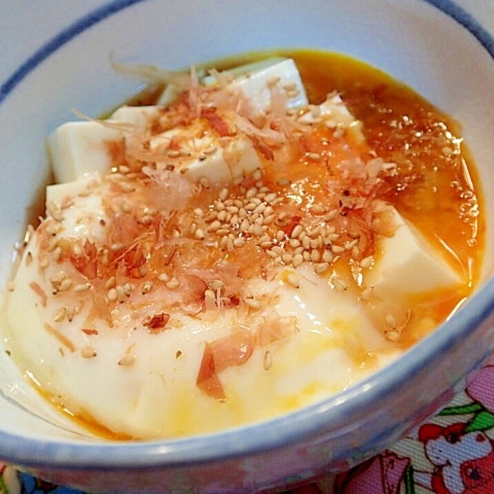 青じそドレッシングで　温泉卵豆腐♬